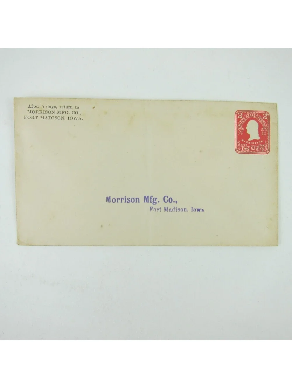 US Postal Stationery Morrison Mfg Co Fort Madison Iowa 2 cent Washington Antique